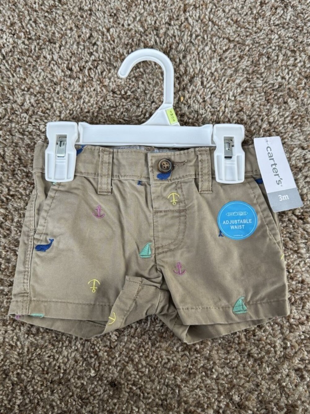 Carter’s Baby Boys Khaki Nautical Shorts Size 3M Adjustable Waist NWT